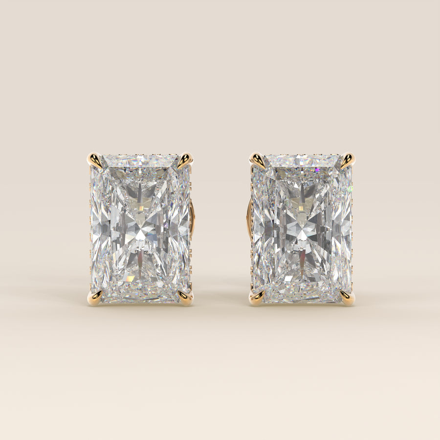 Stud oorbellen radiant lab grown diamant met hidden halo, geelgoud