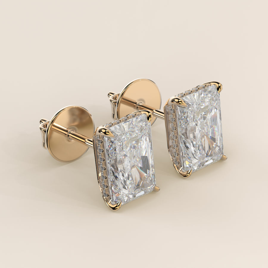 Stud oorbellen radiant lab grown diamant met hidden halo, geelgoud