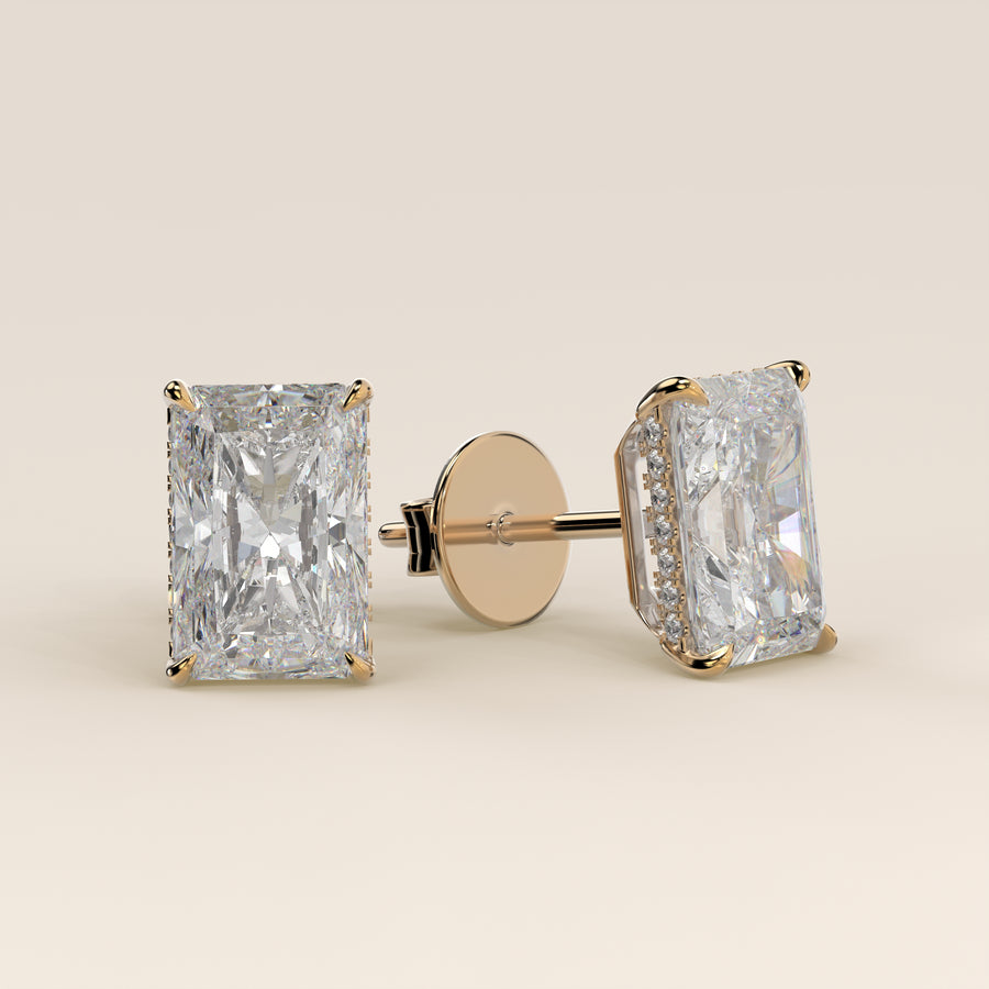 Stud oorbellen radiant lab grown diamant met hidden halo, geelgoud