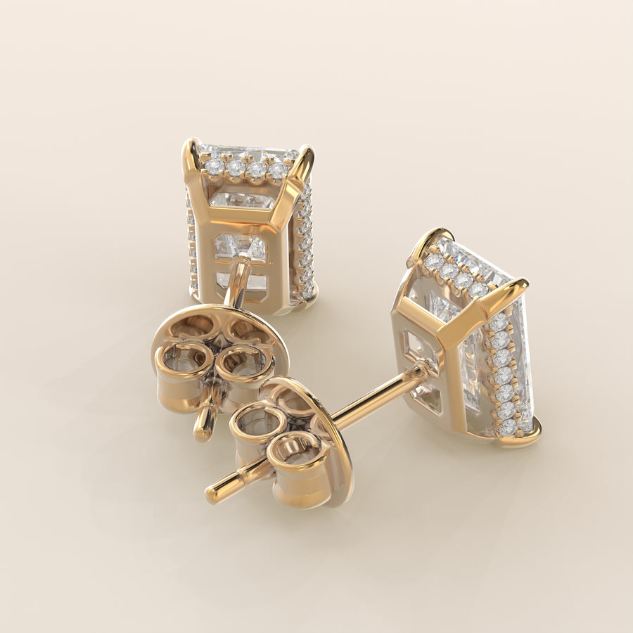 Stud oorbellen radiant lab grown diamant met hidden halo, geelgoud