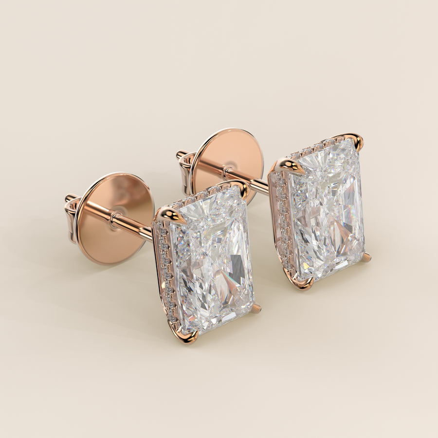 Stud oorbellen radiant lab grown diamant met hidden halo, rosegoud
