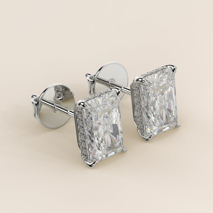 Stud oorbellen radiant lab grown diamant met hidden halo, witgoud