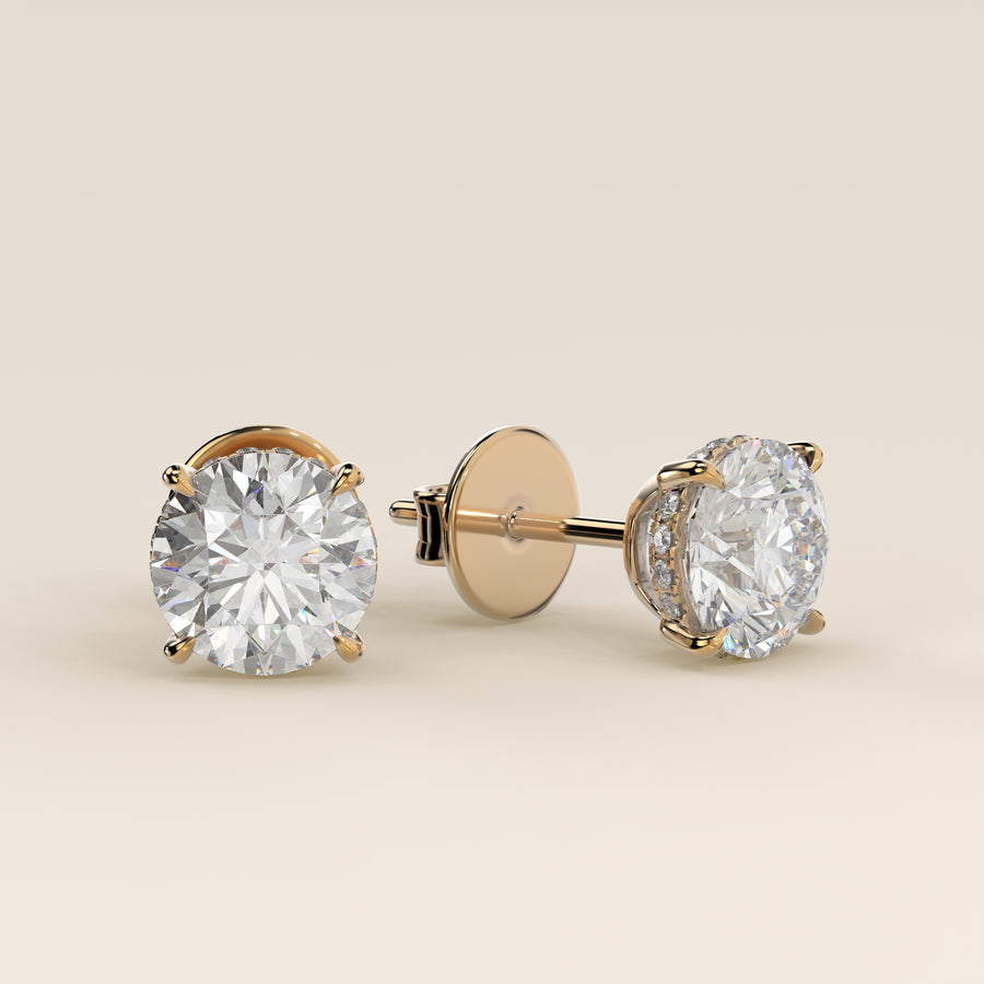 Stud oorbellen rond lab grown diamant met hidden halo, geelgoud