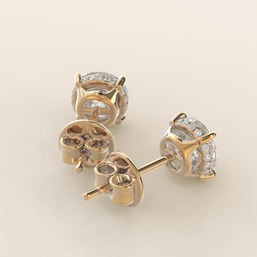 Stud oorbellen rond lab grown diamant met hidden halo, geelgoud