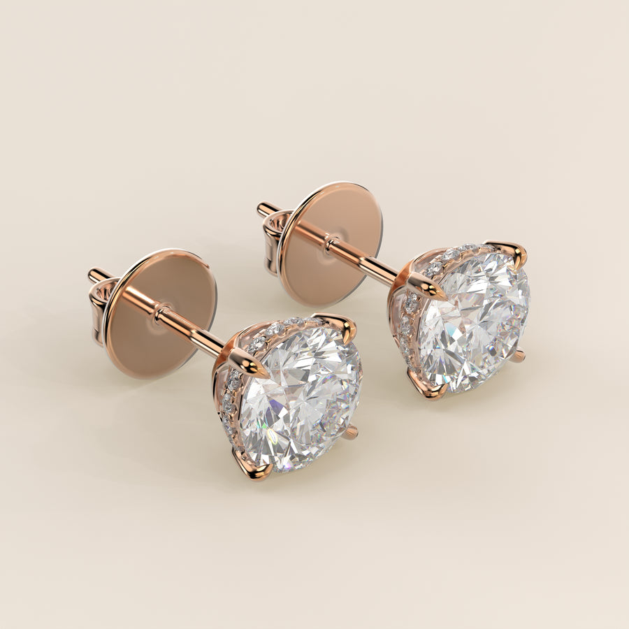 Stud oorbellen rond lab grown diamant met hidden halo, rosegoud