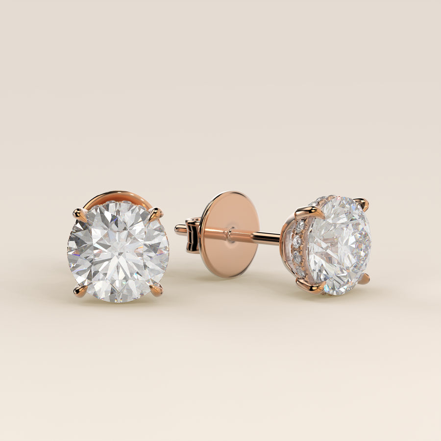 Stud oorbellen rond lab grown diamant met hidden halo, rosegoud
