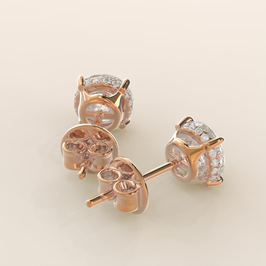 Stud oorbellen rond lab grown diamant met hidden halo, rosegoud