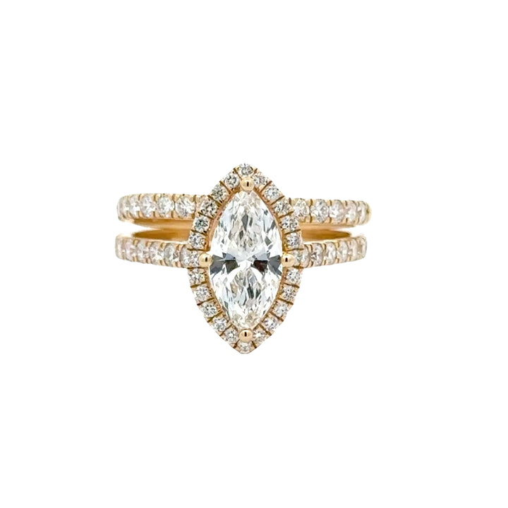 Marquise Halo ring met Pave Band en Aanschuifring - 18k Geelgoud - 2,08 ct