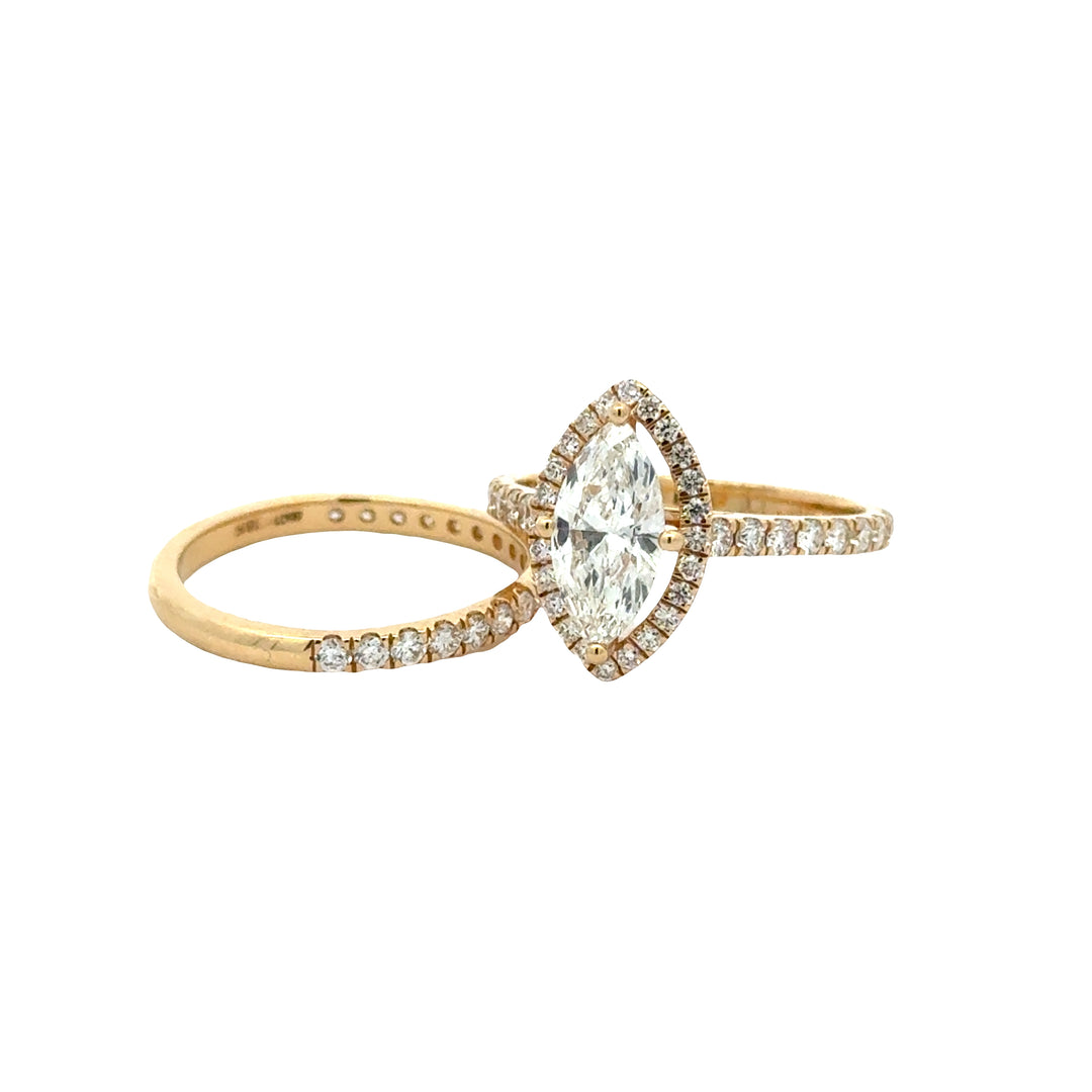 Marquise Halo ring met Pave Band en Aanschuifring - 18k Geelgoud - 2,08 ct