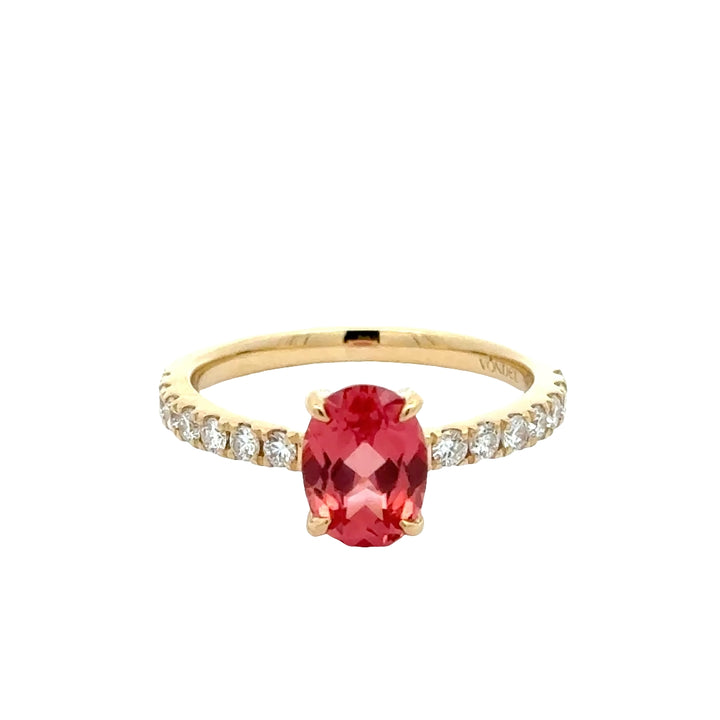 Padparadscha Sapphire 1,5 ct Oval Ring met Pave Band  - 18K Geelgoud