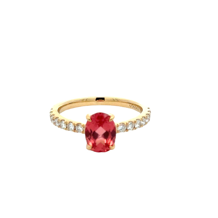 Padparadscha Sapphire 1,5 ct Oval Ring met Pave Band  - 18K Geelgoud