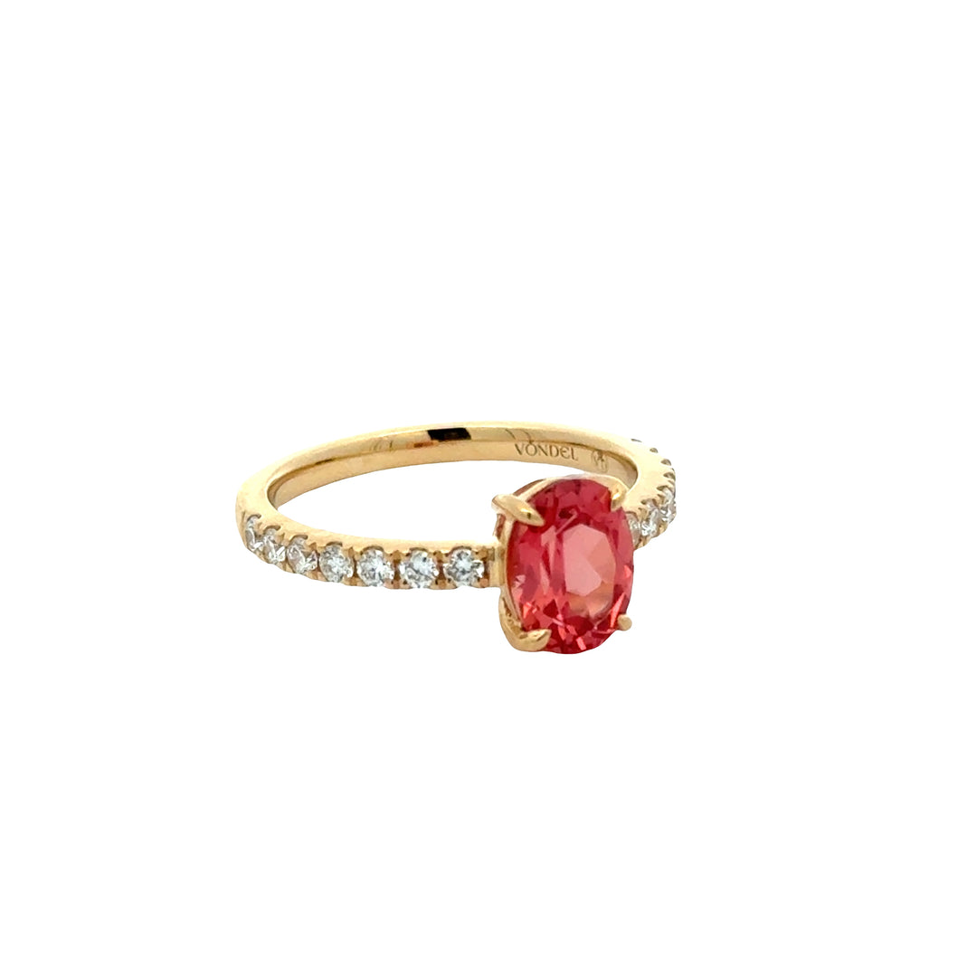 Padparadscha Sapphire 1,5 ct Oval Ring met Pave Band  - 18K Geelgoud