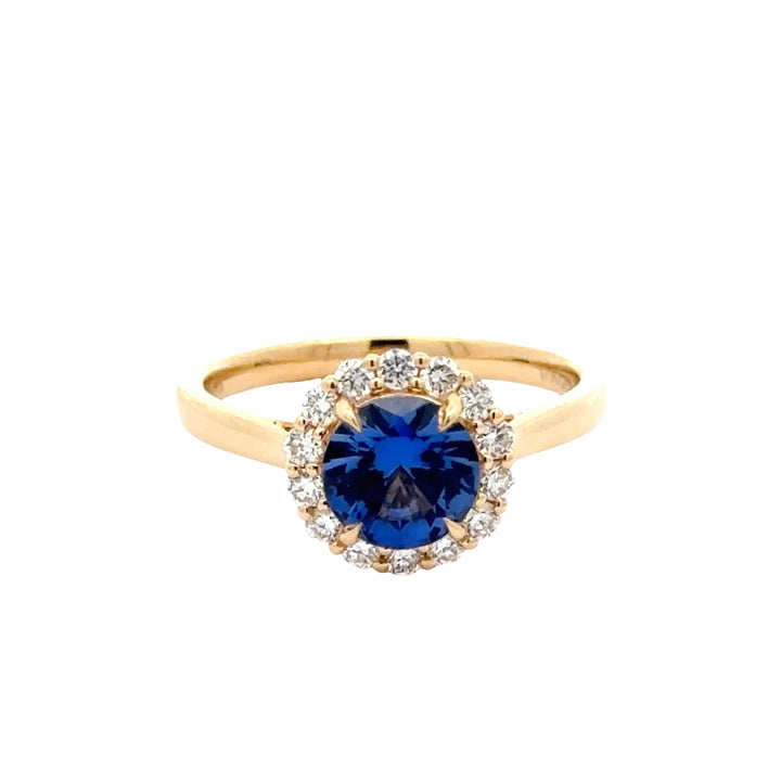 Blue Sapphire 1,5 ct Round Brilliant Halo Flower Ring met Diamant  - 18K Geelgoud