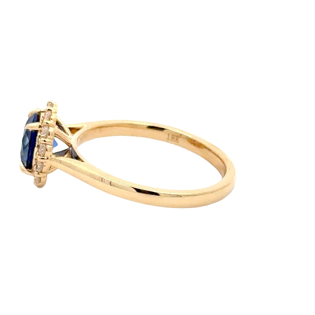 Blue Sapphire 1,5 ct Round Brilliant Halo Flower Ring met Diamant  - 18K Geelgoud