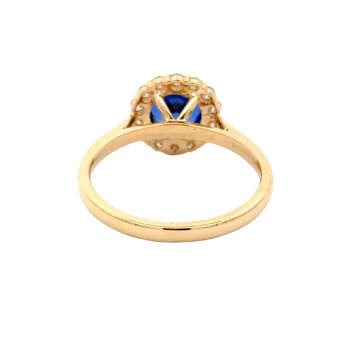 Blue Sapphire 1,5 ct Round Brilliant Halo Flower Ring met Diamant  - 18K Geelgoud