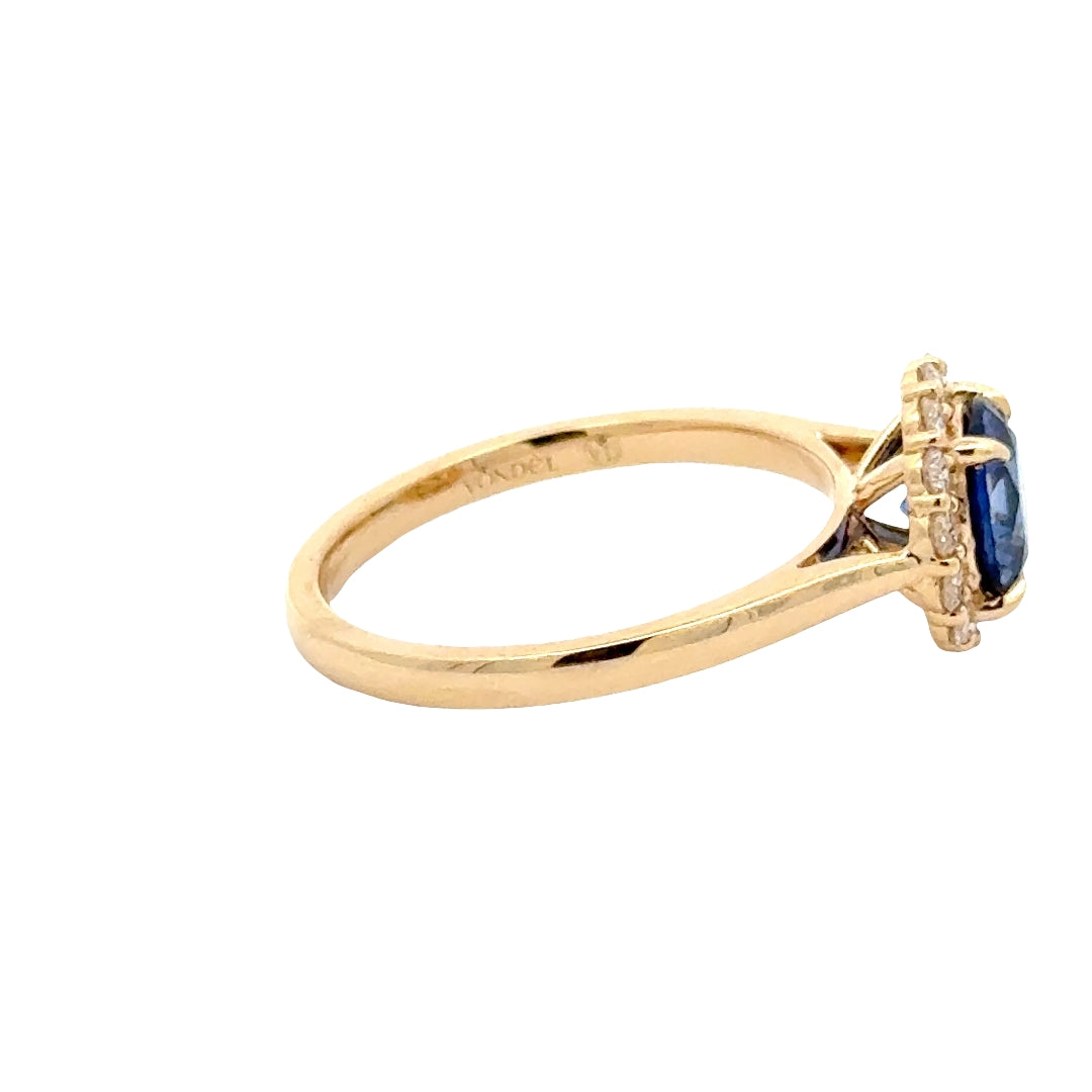 Blue Sapphire 1,5 ct Round Brilliant Halo Flower Ring met Diamant  - 18K Geelgoud