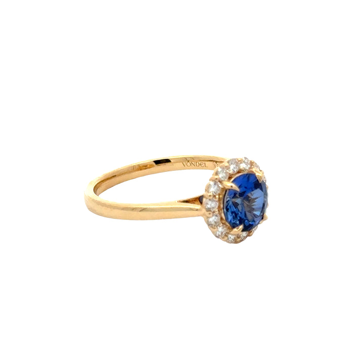 Blue Sapphire 1,5 ct Round Brilliant Halo Flower Ring met Diamant  - 18K Geelgoud