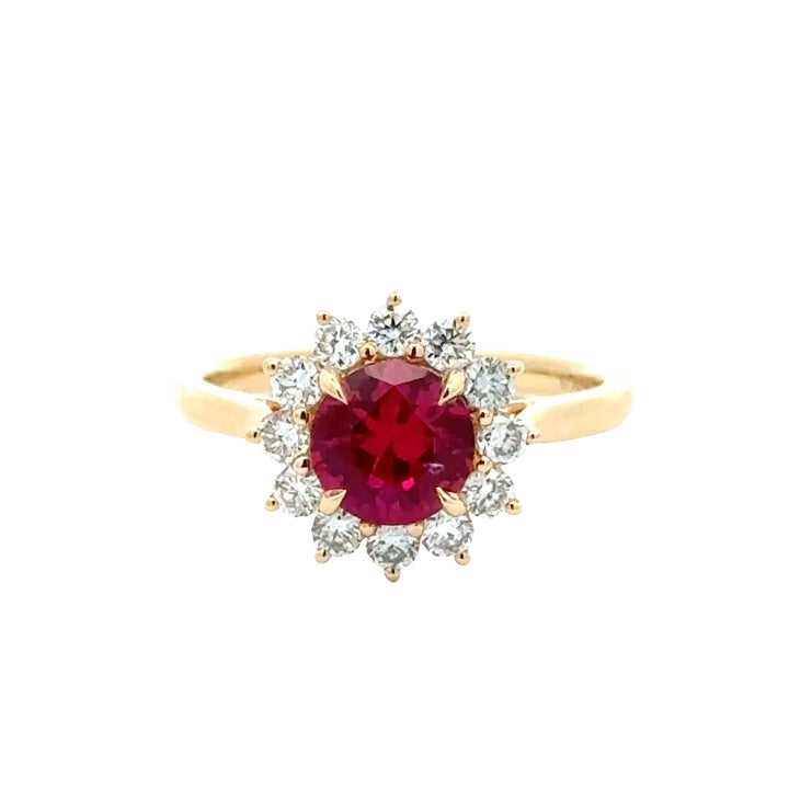 Ruby 1,5 ct Round Brilliant Halo Flower Ring met Diamant  - 18K Geelgoud