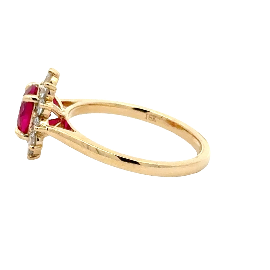 Ruby 1,5 ct Round Brilliant Halo Flower Ring met Diamant  - 18K Geelgoud