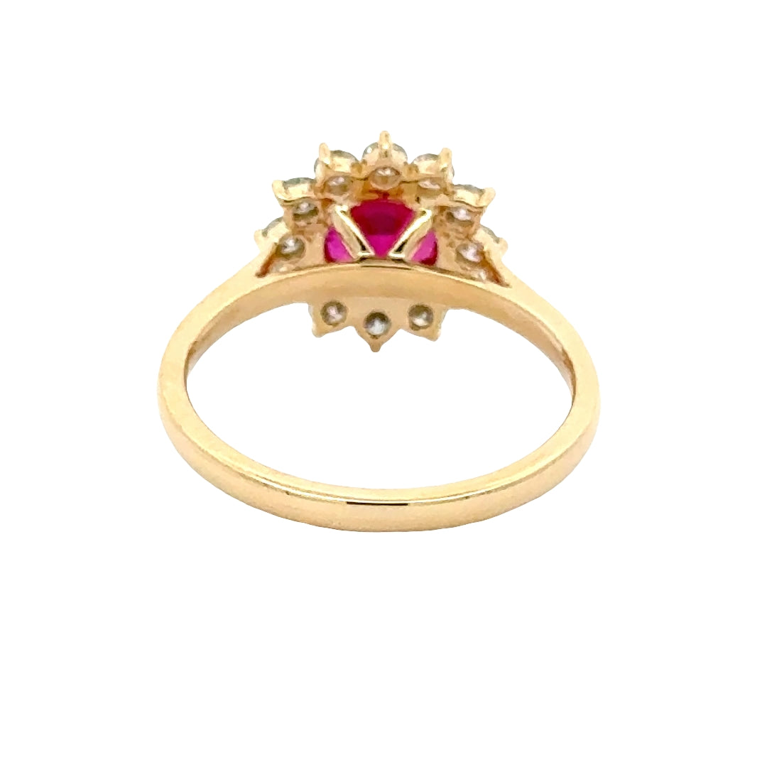 Ruby 1,5 ct Round Brilliant Halo Flower Ring met Diamant  - 18K Geelgoud