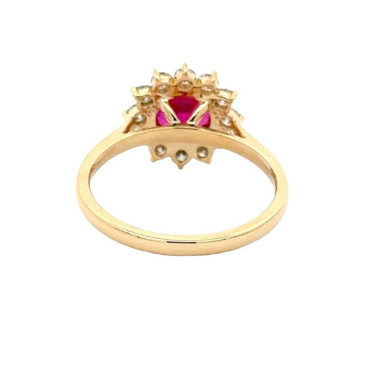 Ruby 1,5 ct Round Brilliant Halo Flower Ring met Diamant  - 18K Geelgoud
