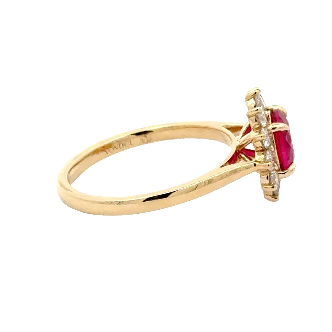 Ruby 1,5 ct Round Brilliant Halo Flower Ring met Diamant  - 18K Geelgoud
