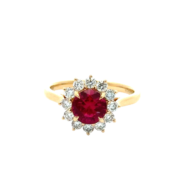 Ruby 1,5 ct Round Brilliant Halo Flower Ring met Diamant  - 18K Geelgoud