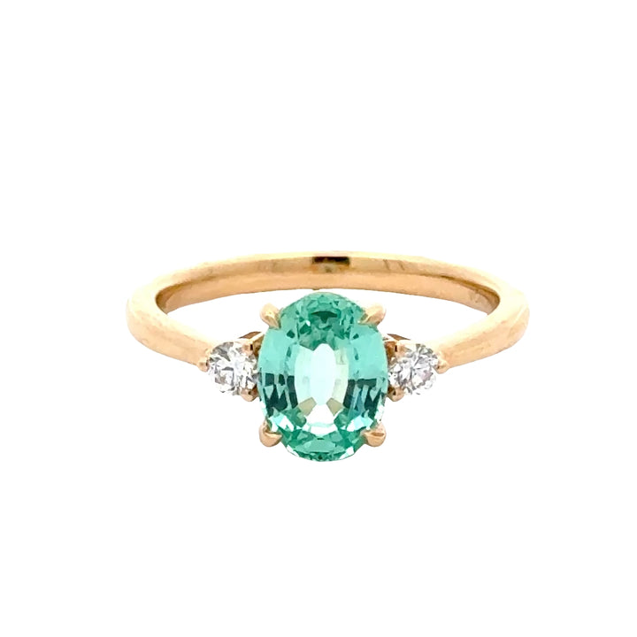 Bluish Green Sapphire 1,5 ct Oval Trilogy Ring met Diamant  - 18K Geelgoud