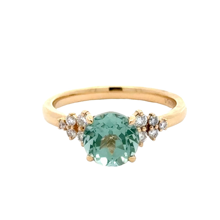 Bluish Green Spinel 2 ct Round Brilliant Ring met Diamant  - 18K Geelgoud