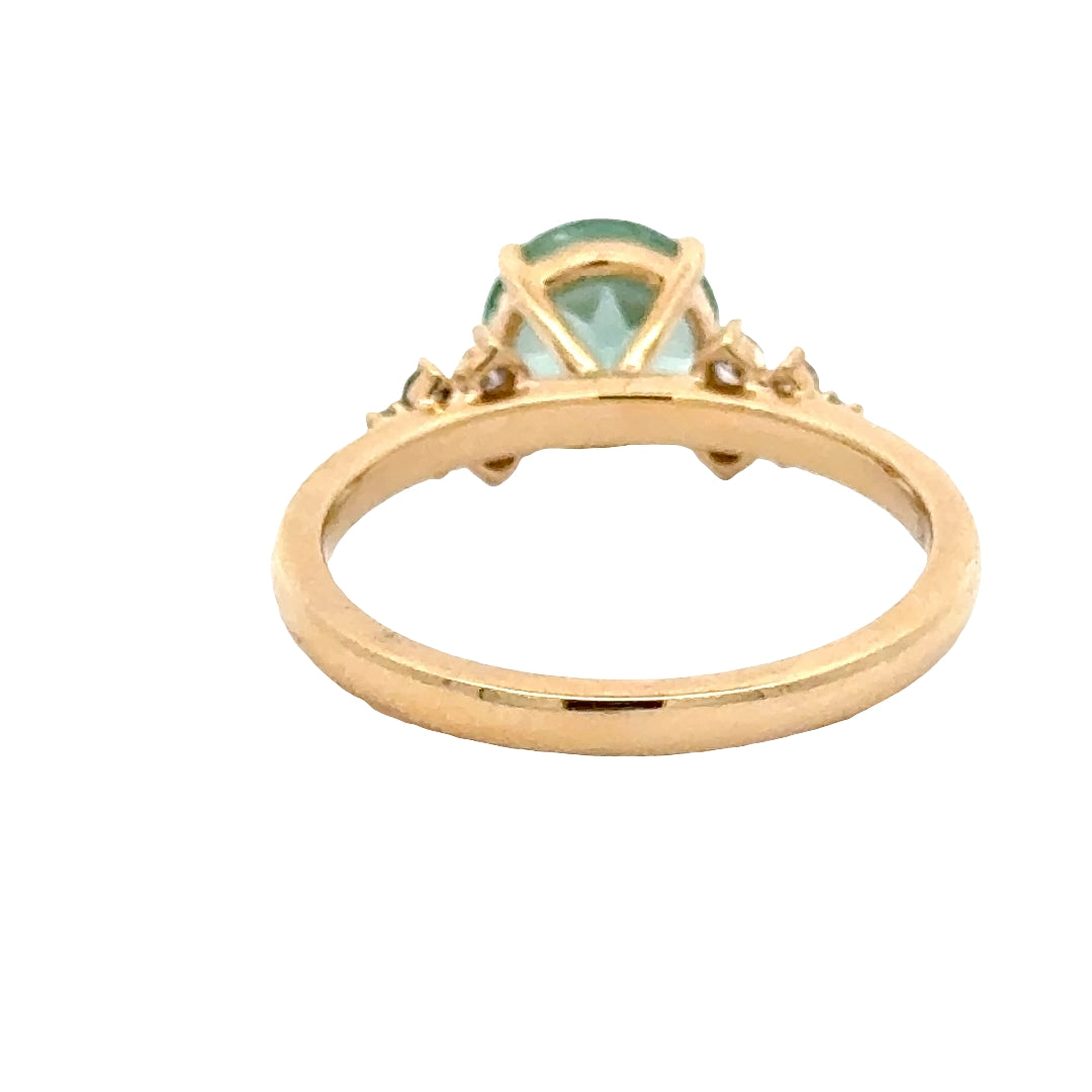 Bluish Green Spinel 2 ct Round Brilliant Ring met Diamant  - 18K Geelgoud