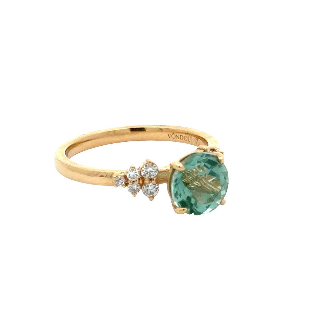 Bluish Green Spinel 2 ct Round Brilliant Ring met Diamant  - 18K Geelgoud