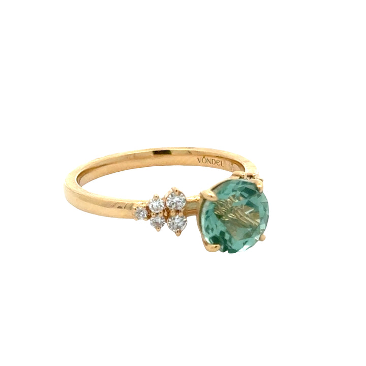 Bluish Green Spinel 2 ct Round Brilliant Ring met Diamant  - 18K Geelgoud