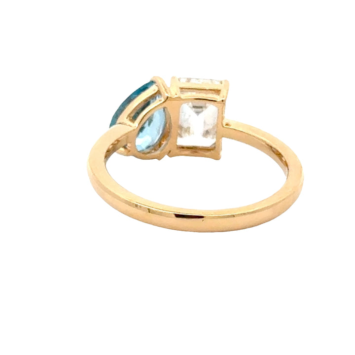 Light Blue Sapphire 1,5 ct Pear with 1,5 carat Emerald Diamant Toi et Moi Ring  - 18K Geelgoud