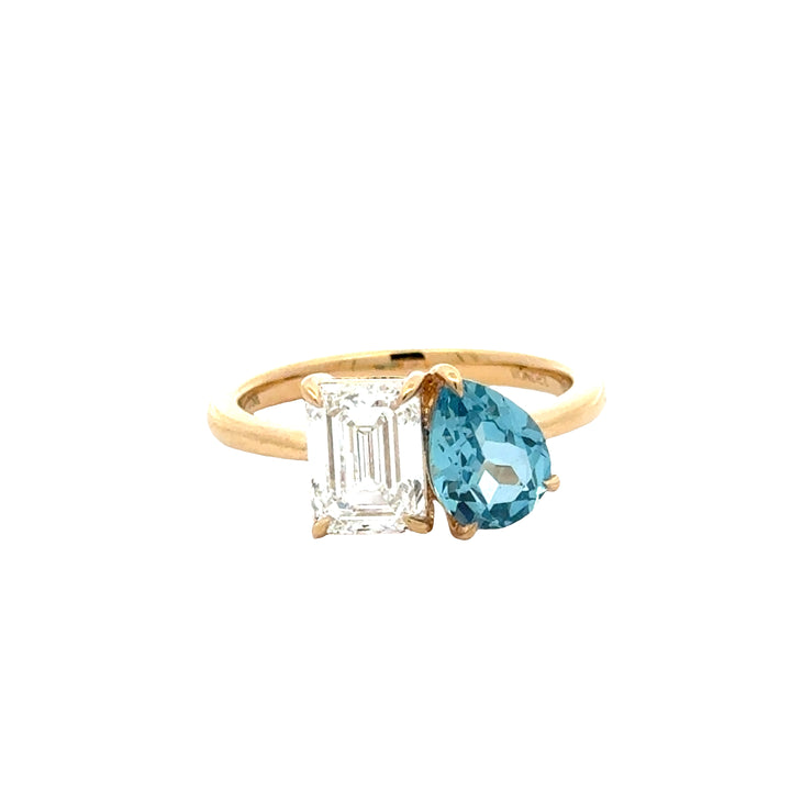 Light Blue Sapphire 1,5 ct Pear with 1,5 carat Emerald Diamant Toi et Moi Ring  - 18K Geelgoud
