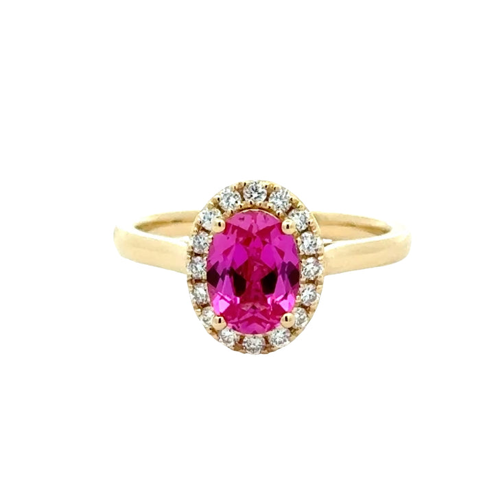 Pink Sapphire 1,5 ct Oval Halo Ring met Diamant  - 18K Geelgoud