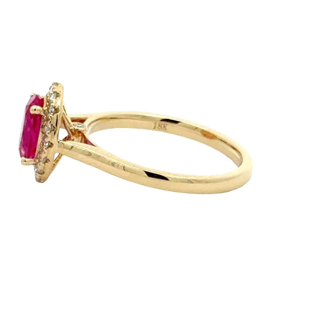 Pink Sapphire 1,5 ct Oval Halo Ring met Diamant  - 18K Geelgoud