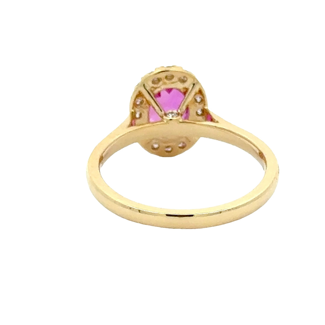 Pink Sapphire 1,5 ct Oval Halo Ring met Diamant  - 18K Geelgoud