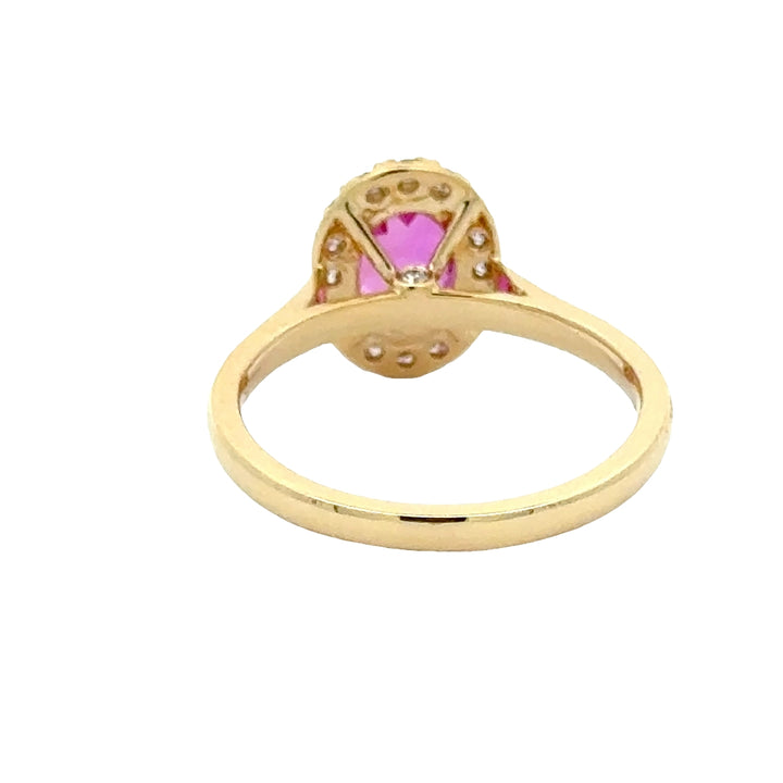 Pink Sapphire 1,5 ct Oval Halo Ring met Diamant  - 18K Geelgoud