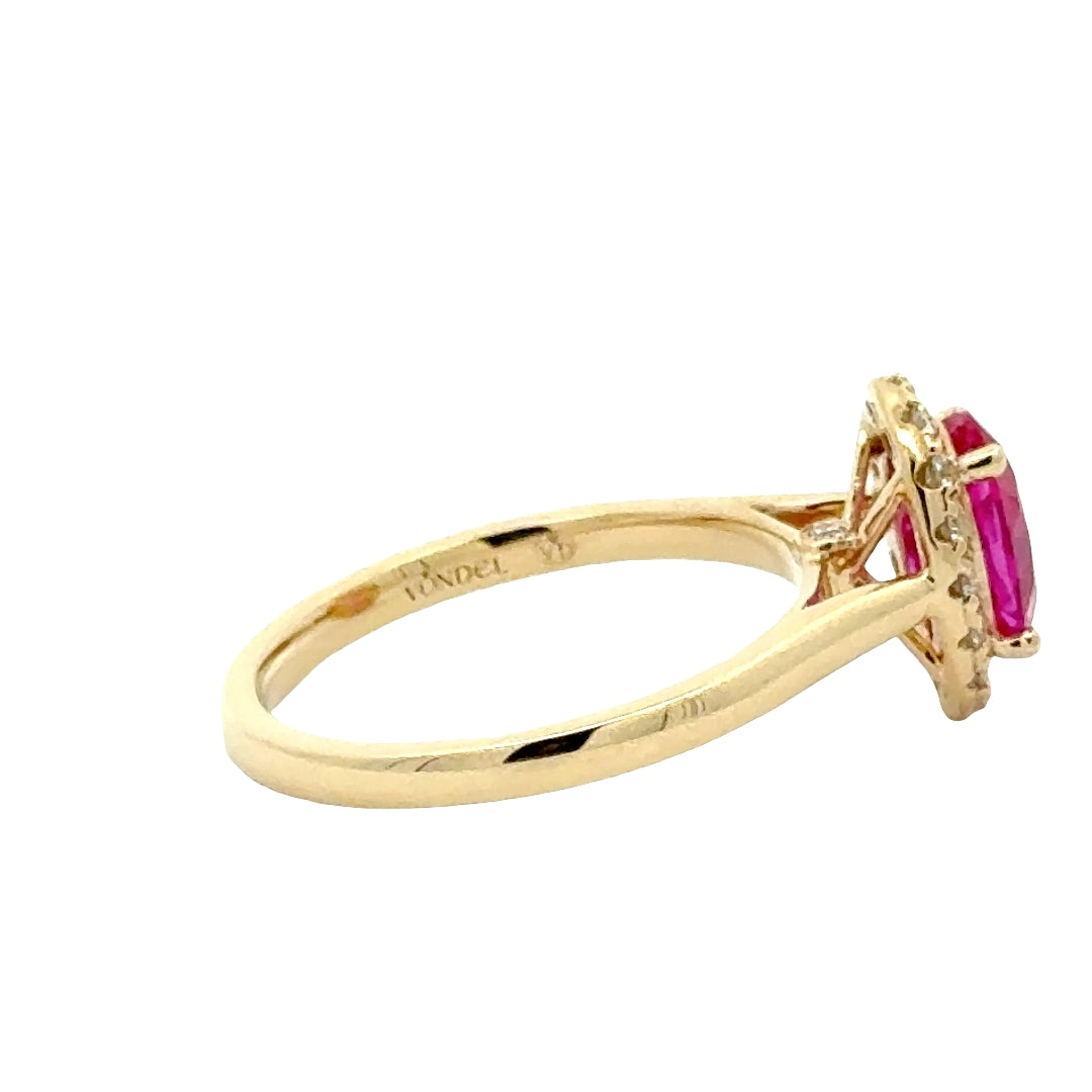 Pink Sapphire 1,5 ct Oval Halo Ring met Diamant  - 18K Geelgoud