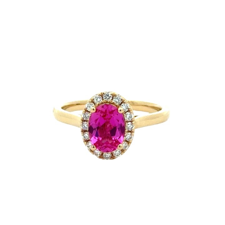 Pink Sapphire 1,5 ct Oval Halo Ring met Diamant  - 18K Geelgoud