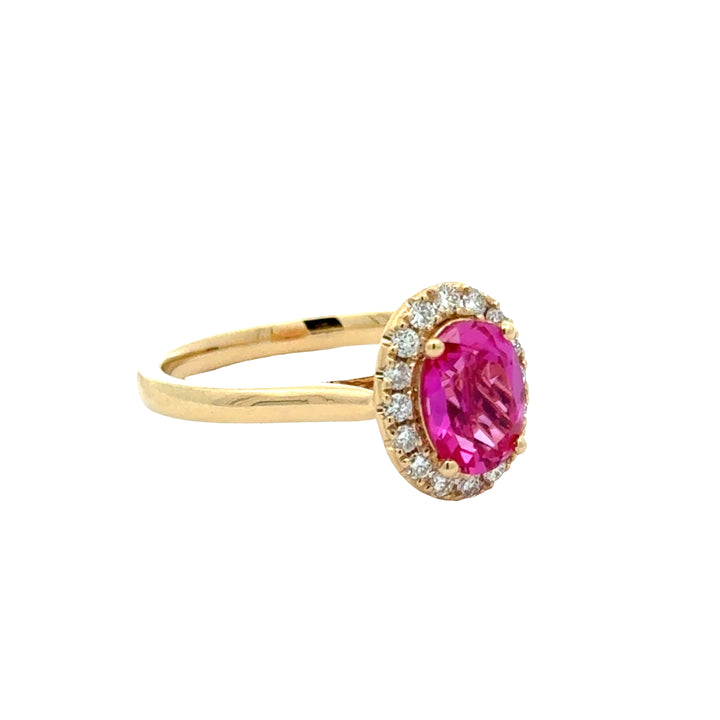 Pink Sapphire 1,5 ct Oval Halo Ring met Diamant  - 18K Geelgoud