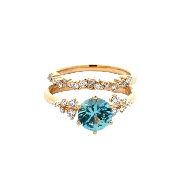 Light Blue Sapphire 1,5 ct Rond Ring met Aanschuifring Set Diamant Snowdrift   - 18K Geelgoud