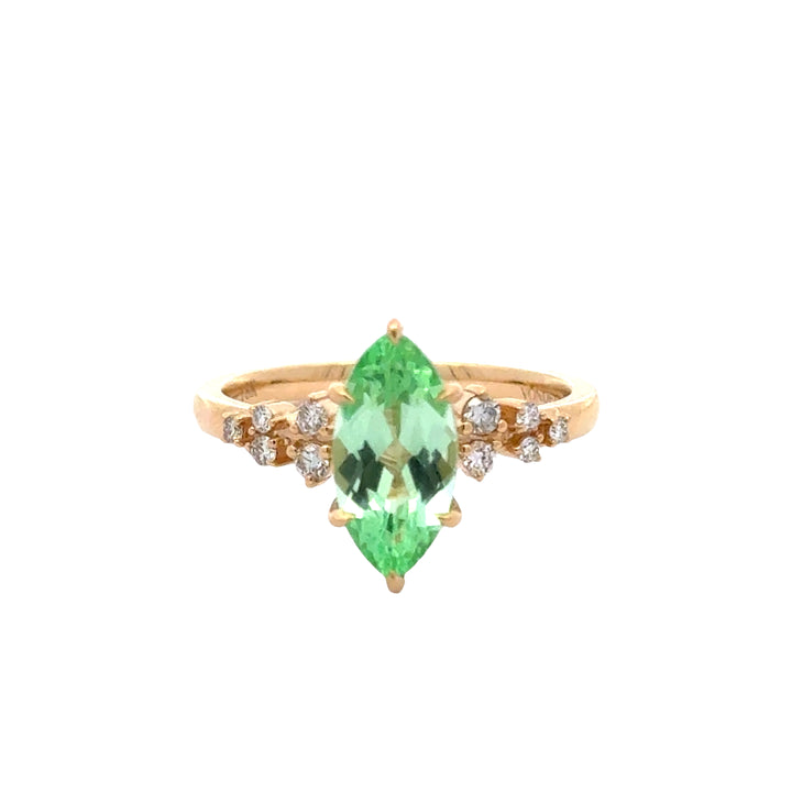 Green Sapphire 1,5 ct Marquise Ring, Diamant Snowdrift   - 18K Geelgoud