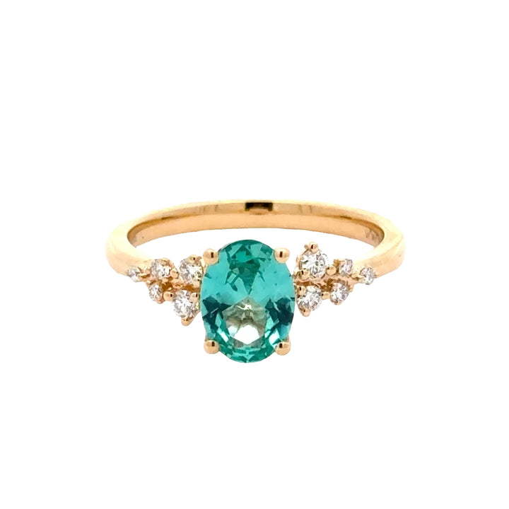 Greenish Blue Oval Sapphire 1,5 ct  Ring Snowdrift met Diamant  - 18K Geelgoud