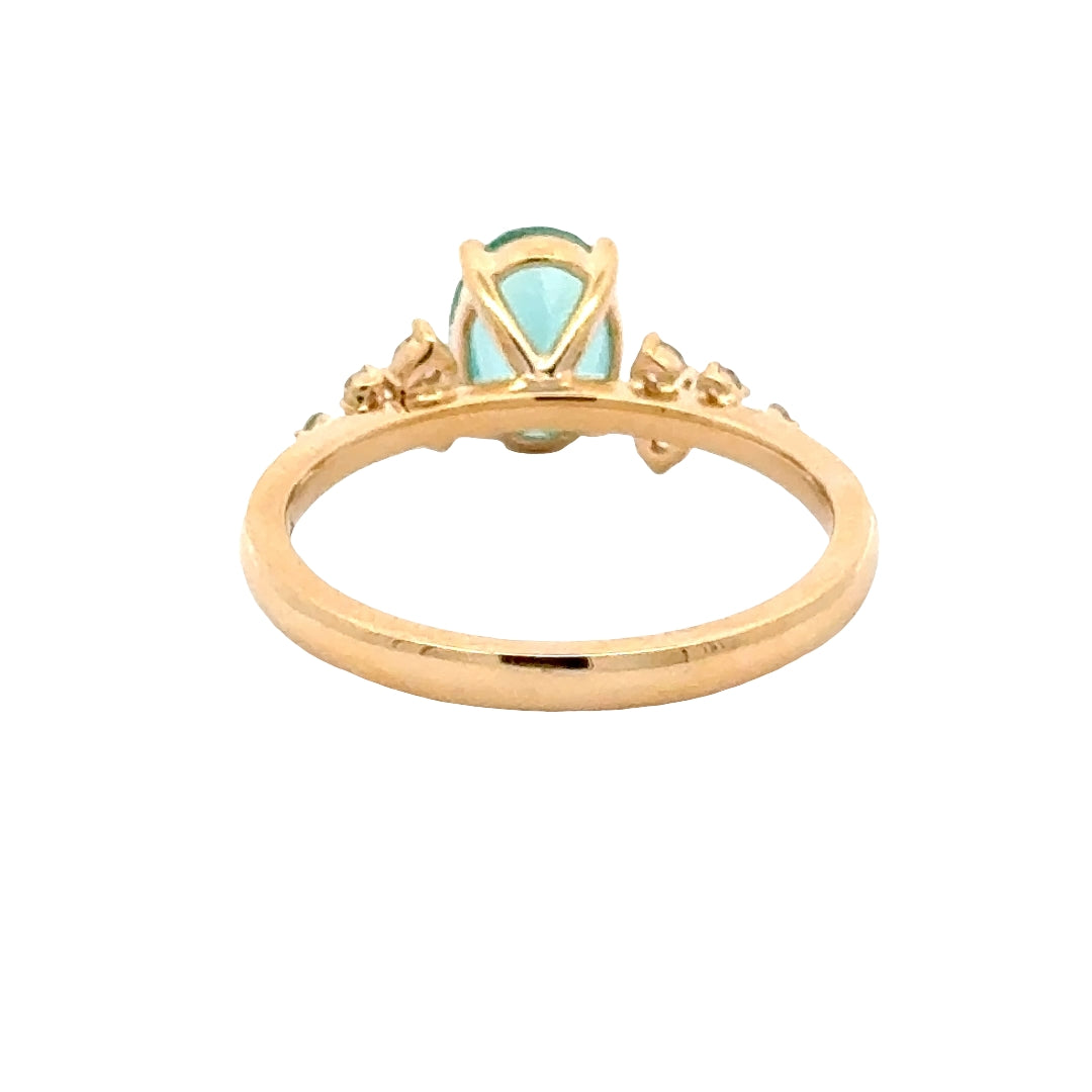 Greenish Blue Oval Sapphire 1,5 ct  Ring Snowdrift met Diamant  - 18K Geelgoud