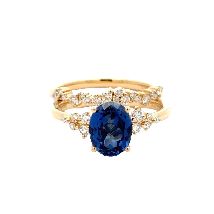 Sapphire 2 ct Oval Ring met Aanschuifring Set Diamant Snowdrift   - 18K Geelgoud