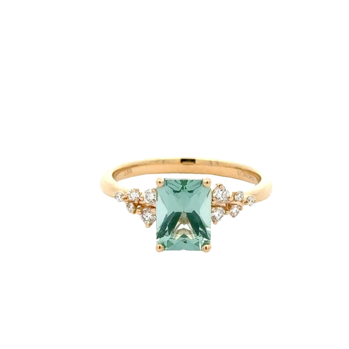 Bluish Green Spinel 1,5 ct Radiant Ring Snowdrift met Diamant  - 18K Geelgoud