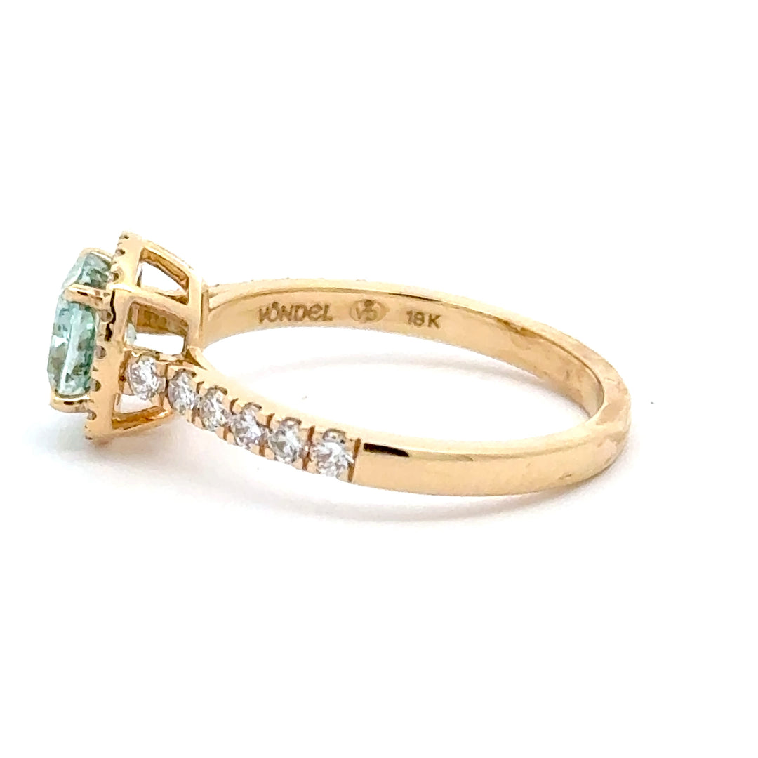 Cushion Halo Ring met Pave Band en Groene Diamant - 1,42 ct