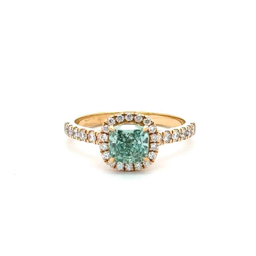 Cushion Halo Ring met Pave Band en Groene Diamant - 1,42 ct