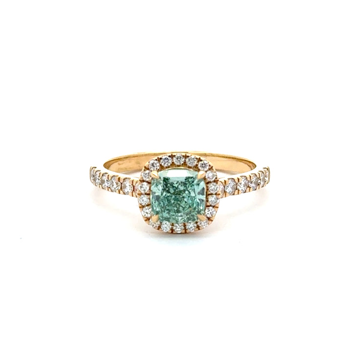 Cushion Halo Ring met Pave Band en Groene Diamant - 1,42 ct